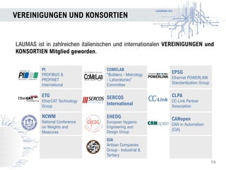 LAUMAS Srl
PI
PROFIBUS &
PROFINET
International
COMELAB
"Builders - Metrology
- Laboratories"
Committee
EPSG
Ethernet POWERLINK
Standardization Group
ETG
EtherCAT Technology
Group
SERCOS
International
CLPA
CC-Link Partner
Association
NCWM
National Conference
on Weights and
Measures
EHEDG
European Hygienic
Engineering and
Design Group
CANopen
CAN in Automation
(CiA)
GIA
Artisan Companies
Group - Industrial &
Tertiary
VEREINIGUNGEN UND KONSORTIEN
19
LAUMAS ist in zahlreichen italienischen und internationalen VEREINIGUNGEN und
KONSORTIEN Mitglied geworden.
 