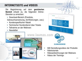 LAUMAS Srl
INTERNETSEITE und VIDEOS
21
Die Registrierung auf dem gesicherten
Bereich erlaubt es, die folgenden Online-
Diensten zu erreichen:
• Download-Bereich (Preisliste,
Gebrauchsanweisung, Zertifizierungen, usw.)
• Kundenspezifischer Rabatt
• Technischer Kundendienst über Tickets
• Teilnahme an der Webinars
• Newsletter
• 500 Darstellungsvideos der Produkte
• Videotutorials
• Videoaufzeichnungen der Webinars
• Videos der Trainings
www.laumas.com
 