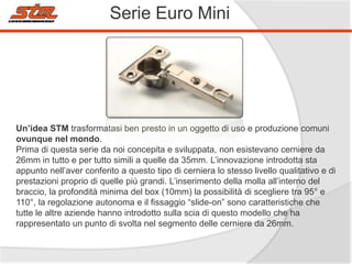Serie Euro Mini

Un’idea STM trasformatasi ben presto in un oggetto di uso e produzione comuni
ovunque nel mondo.
Prima di questa serie da noi concepita e sviluppata, non esistevano cerniere da
26mm in tutto e per tutto simili a quelle da 35mm. L’innovazione introdotta sta
appunto nell’aver conferito a questo tipo di cerniera lo stesso livello qualitativo e di
prestazioni proprio di quelle più grandi. L’inserimento della molla all’interno del
braccio, la profondità minima del box (10mm) la possibilità di scegliere tra 95° e
110°, la regolazione autonoma e il fissaggio “slide-on” sono caratteristiche che
tutte le altre aziende hanno introdotto sulla scia di questo modello che ha
rappresentato un punto di svolta nel segmento delle cerniere da 26mm.

 