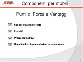 Componenti per mobili
Punti di Forza e Vantaggi
Conoscenza del mercato
Praticità
Prezzi competitivi
Capacità di sviluppo soluzioni personalizzate

17

 