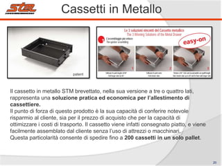 Cassetti in Metallo

patent

Il cassetto in metallo STM brevettato, nella sua versione a tre o quattro lati,
rappresenta una soluzione pratica ed economica per l’allestimento di
cassettiere.
Il punto di forza di questo prodotto è la sua capacità di conferire notevole
risparmio al cliente, sia per il prezzo di acquisto che per la capacità di
ottimizzare i costi di trasporto. Il cassetto viene infatti consegnato piatto, e viene
facilmente assemblato dal cliente senza l’uso di attrezzi o macchinari.
Questa particolarità consente di spedire fino a 200 cassetti in un solo pallet.

20

 