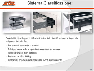 Sistema Classificazione

Possibilità di sviluppare differenti sistemi di classificazione in base alle
esigenze del cliente:
• Per armadi con ante o frontali
• Telai porta-cartelle sospesi o a cassone su misura

• Telai carenati o non carenati
• Portate dai 45 a 80 kg
• Sistemi di chiusura Centralizzato e Anti-ribaltamento

22

 