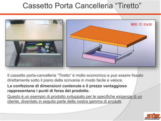Cassetto Porta Cancelleria “Tiretto”

Il cassetto porta-cancelleria “Tiretto” è molto economico e può essere fissato
direttamente sotto il piano della scrivania in modo facile e veloce.
La confezione di dimensioni contenute e il prezzo vantaggioso
rappresentano i punti di forza del prodotto.
Questo è un esempio di prodotto sviluppato per le specifiche esigenze di un
cliente, diventato in seguito parte della nostra gamma di prodotti.

23

 