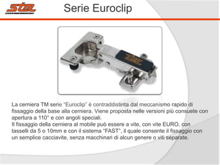 Serie Euroclip

La cerniera TM serie “Euroclip” è contraddistinta dal meccanismo rapido di
fissaggio della base alla cerniera. Viene proposta nelle versioni più consuete con
apertura a 110° e con angoli speciali.
Il fissaggio della cerniera al mobile può essere a vite, con vite EURO, con
tasselli da 5 o 10mm e con il sistema “FAST”, il quale consente il fissaggio con
un semplice cacciavite, senza macchinari di alcun genere o viti separate.

 