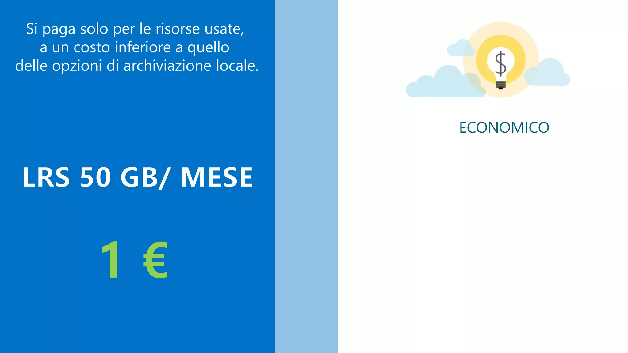 ECONOMICO
Si paga solo per le risorse usate,
a un costo inferiore a quello
delle opzioni di archiviazione locale.
 