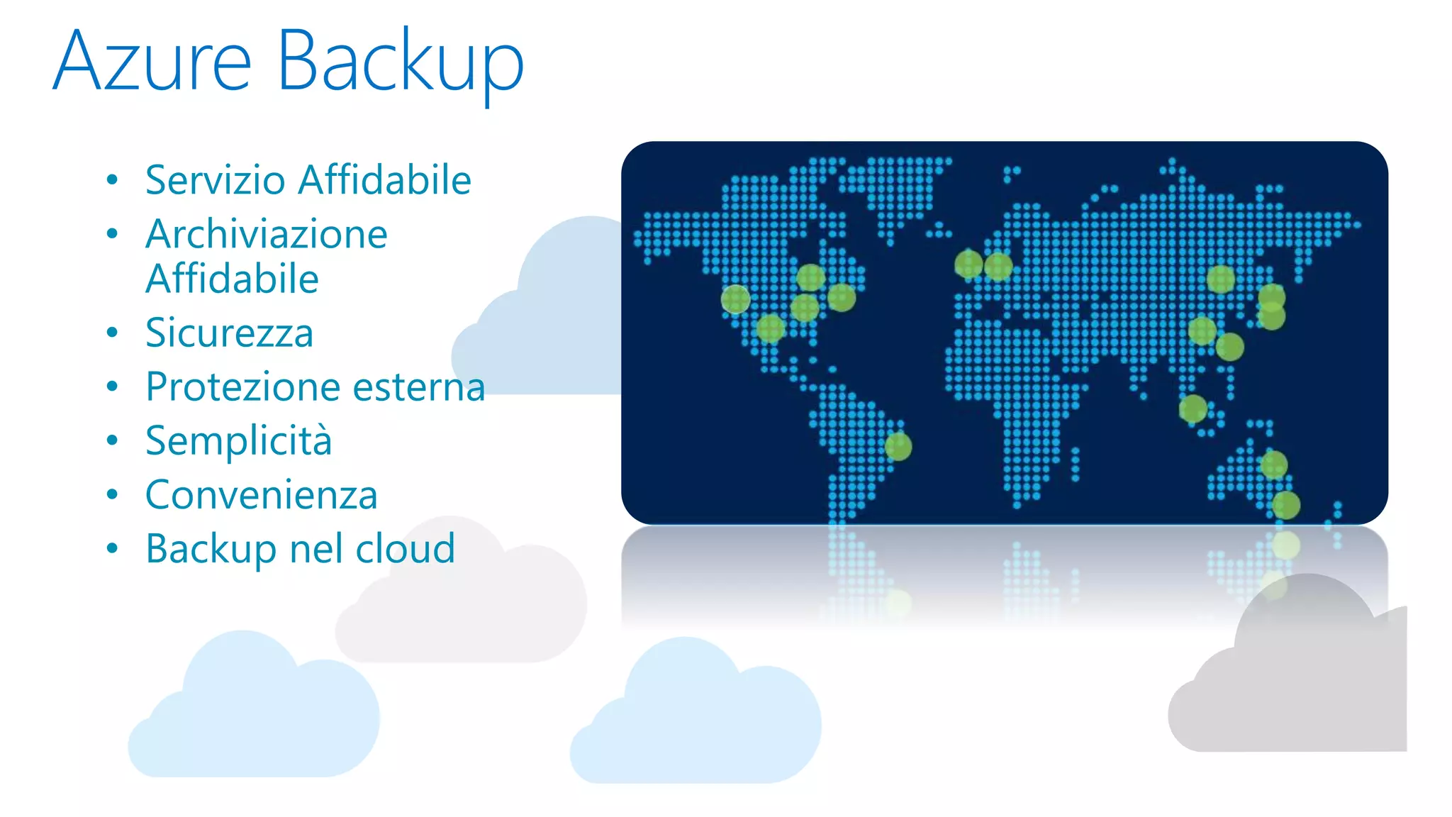 Azure Backup
• Servizio Affidabile
• Archiviazione
Affidabile
• Sicurezza
• Protezione esterna
• Semplicità
• Convenienza
• Backup nel cloud
 
