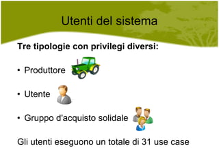 Utenti del sistema Tre tipologie con privilegi diversi: Produttore Utente Gruppo d'acquisto solidale Gli utenti eseguono un totale di 31 use case 