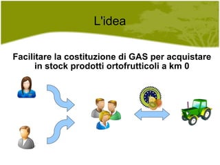 L'idea Facilitare la costituzione di GAS per acquistare in stock prodotti ortofrutticoli a km 0 