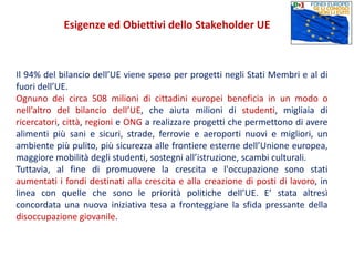 Il 94% del bilancio dell’UE viene speso per progetti negli Stati Membri e al di
fuori dell’UE.
Ognuno dei circa 508 milioni di cittadini europei beneficia in un modo o
nell’altro del bilancio dell’UE, che aiuta milioni di studenti, migliaia di
ricercatori, città, regioni e ONG a realizzare progetti che permettono di avere
alimenti più sani e sicuri, strade, ferrovie e aeroporti nuovi e migliori, un
ambiente più pulito, più sicurezza alle frontiere esterne dell’Unione europea,
maggiore mobilità degli studenti, sostegni all’istruzione, scambi culturali.
Tuttavia, al fine di promuovere la crescita e l'occupazione sono stati
aumentati i fondi destinati alla crescita e alla creazione di posti di lavoro, in
linea con quelle che sono le priorità politiche dell’UE. E’ stata altresì
concordata una nuova iniziativa tesa a fronteggiare la sfida pressante della
disoccupazione giovanile.
Esigenze ed Obiettivi dello Stakeholder UE
 