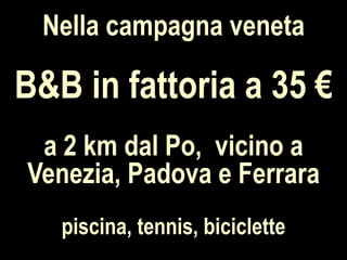 Nella campagna veneta B&B in fattoria a 35 €   a 2 km dal Po,  vicino a Venezia, Padova e Ferrara piscina, tennis, biciclette 