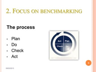 2. FOCUS ON BENCHMARKING

The process

•     Plan
•     Do
•     Check
•     Act
                           8

09/03/2013
 