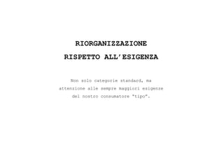 RIORGANIZZAZIONE
RISPETTO ALL’ESIGENZA
Non solo categorie standard, ma
attenzione alle sempre maggiori esigenze
del nostro consumatore “tipo”.
 