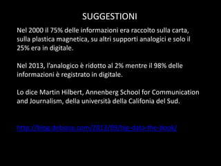 SUGGESTIONI
Nel 2000 il 75% delle informazioni era raccolto sulla carta,
sulla plastica magnetica, su altri supporti analogici e solo il
25% era in digitale.
Nel 2013, l’analogico è ridotto al 2% mentre il 98% delle
informazioni è registrato in digitale.
Lo dice Martin Hilbert, Annenberg School for Communication
and Journalism, della università della Califonia del Sud.

http://blog.debiase.com/2013/09/big-data-the-book/

 