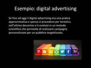 Esempio: digital advertising
Se fino ad oggi il digital advertising era una pratica
approssimativa e spesso si procedeva per tentativi,
nell’ultimo decennio si è evoluto in un metodo
scientifico che permette di realizzare campagne
personalizzate per un pubblico targettizzato.

 