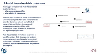 3. Perché siamo diversi dalla concorrenza
FARE PREVENZIONE S.R.L.S. - P.IVA: 11229760019 - Via Orazio Antinori, 8 10128 Torino (TO)
Il vantaggio competitivo di Fare Prevenzione è
caratterizzato da:
• alta competenza specifica
• alta velocità di esecuzione.
Il settore della sicurezza di lavoro è caratterizzato da
un intensa competitività e forte concorrenza tra
aziende. Numerose aziende come Studi di
Ingegneria o Architettura si occupano di
una vasta gamma di servizi tra cui la
sicurezza nei luoghi di lavoro ed altri servizi
più legati alla progettazione.
Fare Prevenzione è dedicato ad un preciso e
specifico settore della sicurezza nei cantieri.
L’essere altamente specializzati ci permette di
ottimizzare e migliorare costantemente i nostri
processi e velocizzare la risoluzione dei problemi
alle imprese.
Il grafico rappresenta un posizionamento di
Fare Prevenzione sul mercato prendendo in
considerazione il settore della sicurezza
rispetto altre aziende.
 