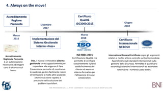 4. Always on the move!
FARE PREVENZIONE S.R.L.S. - P.IVA: 11229760019 - Via Orazio Antinori, 8 10128 Torino (TO)
Accreditamento
Regione
Piemonte
Marzo
2016 Implementazione del
Sistema Gestionale
Interno «Ines»
Dicembre
2017
Certificato
Qualità
ISO2000:2015
Marzo
2018
Certificato
Internazionale
NEBOSH
Giugno
2018
Accreditamento
Regionale Piemonte
è un autorizzazione
necessaria ad erogare
corsi di sicurezza sul
lavoro
Ines, il nuovo e innovativo sistema
gestionale creato appositamente per
rispondere alle esigenze di Fare
Prevenzione permette di monitorare
le scadenze, gestire facilmente i corsi
di formazione e molto altro aiutando
a fornire ai clienti rapidità e
precisione nella soluzione dei
problemi quotidiani.
ISO 9001:2015
Certificazione Qualità che
permette di verificare
costantemente il pieno
soddisfacimento del
cliente ed avere un
sistema formativo per
l’attivazione di nuovi
collaboratori.
International General Certificate copre gli argomenti
relativi ai rischi e al loro controllo sul livello mondiale.
Approfondisce gli standard internazionali sulla
gestione della Sicurezza. Permette di qualificarsi
secondo gli standard internazionali ed estendere
l’attività tra i numerosi paesi esteri.
 