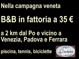 Nella campagna veneta

B&B in fattoria a 35 €
a 2 km dal Po e vicino a
Venezia, Padova e Ferrara
piscina, tennis, biciclette
 
