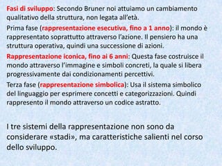 Fasi di sviluppo: Secondo Bruner noi attuiamo un cambiamento
qualitativo della struttura, non legata all’età.
Prima fase (rappresentazione esecutiva, fino a 1 anno): il mondo è
rappresentato soprattutto attraverso l’azione. Il pensiero ha una
struttura operativa, quindi una successione di azioni.
Rappresentazione iconica, fino ai 6 anni: Questa fase costruisce il
mondo attraverso l’immagine e simboli concreti, la quale si libera
progressivamente dai condizionamenti percettivi.
Terza fase (rappresentazione simbolica): Usa il sistema simbolico
del linguaggio per esprimere concetti e categorizzazioni. Quindi
rappresento il mondo attraverso un codice astratto.
I tre sistemi della rappresentazione non sono da
considerare «stadi», ma caratteristiche salienti nel corso
dello sviluppo.
 