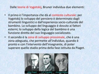 Dalle teorie di Vygotskij, Bruner individua due elementi:
• Il primo è l'importanza che dà al contesto culturale: per
Vygotskij lo sviluppo del pensiero è determinato dagli
strumenti linguistici e dall'esperienza socio-culturale del
bambino. Lo sviluppo del linguaggio è dovuto ai fattori
esterni; lo sviluppo della logica del bambino è una
funzione diretta del suo linguaggio socializzato.
• Il secondo è la zona di sviluppo prossimale, che è una
zona adeguata, che permette all'individuo, quando è
pronto e con l'intervento dell'insegnante, di poter
superare quello stadio prima della fase istituita da Piaget.
 