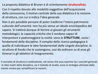 La proposta didattica di Bruner è di orientamento strutturalista.
Con il rispetto dovuto alle modalità soggettive dell’acquisizione
della conoscenza, il motivo centrale della sua didattica è la nozione
di struttura, con cui si indica l’idea generale.
Non è più possibile pensare di poter trasferire l’intero patrimonio
culturale dell’umanità: non ha più senso un ideale enciclopedico del
sapere. Si tratterà dunque di fornire ai giovani gli strumenti
metodologici, le capacità critiche che li rendano capaci di
interpretare e padroneggiare la realtà: sono le STRUTTURE, ossia i
fondamenti delle discipline. Il compito della ricerca pedagogica è
quello di individuare le idee fondamentali delle singole discipline, le
strutture di fondo che le sostengono, così da ordinare su di esse gli
itinerari e gli obiettivi di insegnamento.
Il concetto di struttura è ambivalente, nel senso che essa esprime sia i concetti generali,
le idee madri della disciplina, sia il metodo di studio, ossia la strategia utilizzata dalla
mente umana per semplificare le nozioni.
 