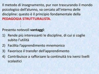 Il metodo di insegnamento, pur non trascurando il mondo
psicologico dell’alunno, va cercato all’interno delle
discipline: questo è il principio fondamentale della
PEDAGOGIA STRUTTURALISTA.
Presenta notevoli vantaggi:
1) Rende più interessanti le discipline, di cui si coglie
subito l’utilità
2) Facilita l’apprendimento mnemonico
3) Favorisce il transfer dell’apprendimento
4) Contribuisce a rafforzare la continuità tra iversi livelli
scolastici
 