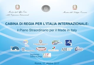 11
CABINA DI REGIA PER L’ITALIA INTERNAZIONALE:
il Piano Straordinario per il Made in Italy
Roma, 17 ottobre 2017
Segretariato
Cabina di Regia
 