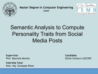 Semantic Analysis to Compute
Personality Traits from Social
Media Posts
Master Degree in Computer Engineering
DAUIN
Supervisor
Prof. Maurizio Morisio
Intership Tutor
Dott. Ing. Giuseppe Rizzo
Candidate
Giulio Carducci s225395
 
