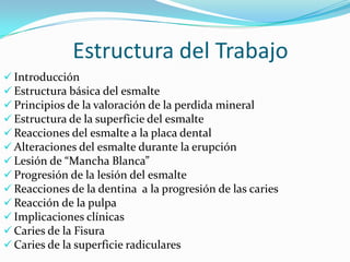 Estructura del Trabajo
 Introducción
 Estructura básica del esmalte
 Principios de la valoración de la perdida mineral
 Estructura de la superficie del esmalte
 Reacciones del esmalte a la placa dental
 Alteraciones del esmalte durante la erupción
 Lesión de “Mancha Blanca”
 Progresión de la lesión del esmalte
 Reacciones de la dentina a la progresión de las caries
 Reacción de la pulpa
 Implicaciones clínicas
 Caries de la Fisura
 Caries de la superficie radiculares

 