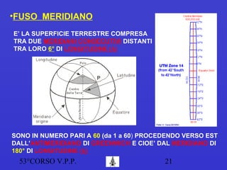 53°CORSO V.P.P. 21
•FUSO MERIDIANO
E’ LA SUPERFICIE TERRESTRE COMPRESA
TRA DUE MERIDIANI CONSECUTIVI DISTANTI
TRA LORO 6° DI LONGITUDINE (λ)
SONO IN NUMERO PARI A 60 (da 1 a 60) PROCEDENDO VERSO EST
DALL’ANTIMERIDIANO DI GREENWICH E CIOE’ DAL MERIDIANO DI
180° DI LONGITUDINE (λ)
 