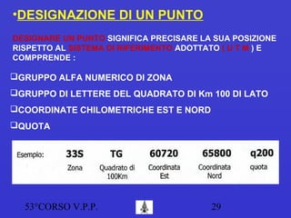 53°CORSO V.P.P. 29
•DESIGNAZIONE DI UN PUNTO
DESIGNARE UN PUNTO SIGNIFICA PRECISARE LA SUA POSIZIONE
RISPETTO AL SISTEMA DI RIFERIMENTO ADOTTATO ( U T M ) E
COMPPRENDE :
GRUPPO ALFA NUMERICO DI ZONA
GRUPPO DI LETTERE DEL QUADRATO DI Km 100 DI LATO
COORDINATE CHILOMETRICHE EST E NORD
QUOTA
 