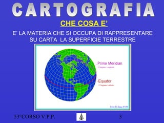 53°CORSO V.P.P. 3
CHE COSA E’
E’ LA MATERIA CHE SI OCCUPA DI RAPPRESENTARE
SU CARTA LA SUPERFICIE TERRESTRE
 