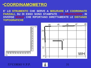 53°CORSO V.P.P. 31
•COORDINAMOMETRO
E’ LO STRUMENTO CHE SERVE A MISURARE LE COORDINATE
PARZIALI, SU DI ESSO SONO STAMPATE LE GRADUAZIONI, IN
DIVERSE SCALE, CHE RIPORTANO DIRETTAMENTE LE DISTANZE
TOPOGRAFICHE
 