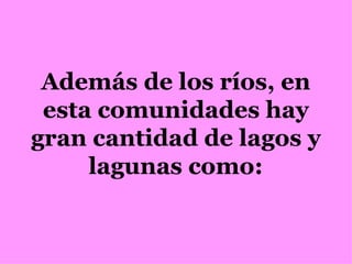 Además de los ríos, en esta comunidades hay gran cantidad de lagos y lagunas como: 