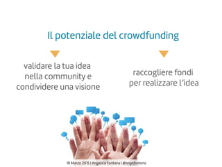 raccogliere fondi
per realizzare l’idea
validare la tua idea
nella community e
condividere una visione
Il potenziale del crowdfunding
18 Marzo 2015 | Angelica Fontana | @angefontana
 
