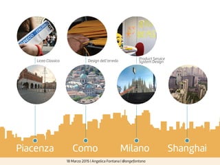 18 Marzo 2015 | Angelica Fontana | @angefontana
Piacenza Como Milano Shanghai
Liceo Classico Design dell’arredo
Product Service
System Design
 