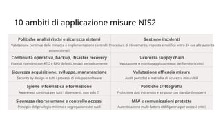 CORPORATE PRESENTATION 2015 WWW.COMMITSOFTWARE.IT
10 ambiti di applicazione misure NIS2
Politiche analisi rischi e sicurezza sistemi
Valutazione continua delle minacce e implementazione controlli
proporzionati
Gestione incidenti
Procedure di rilevamento, risposta e notifica entro 24 ore alle autorità
Continuità operativa, backup, disaster recovery
Piani di ripristino con RTO e RPO definiti, testati periodicamente
Sicurezza supply chain
Valutazione e monitoraggio continuo dei fornitori critici
Sicurezza acquisizione, sviluppo, manutenzione
Security by design in tutti i processi di sviluppo software
Valutazione efficacia misure
Audit periodici e metriche di sicurezza misurabili
Igiene informatica e formazione
Awareness continua per tutti i dipendenti, non solo IT
Politiche crittografia
Protezione dati in transito e a riposo con standard moderni
Sicurezza risorse umane e controllo accessi
Principio del privilegio minimo e segregazione dei ruoli
MFA e comunicazioni protette
Autenticazione multi-fattore obbligatoria per accessi critici
 