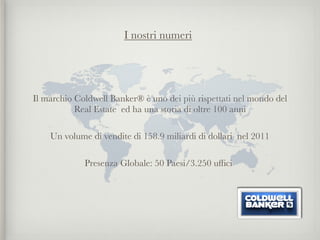 I nostri numeri


                                 

Il marchio Coldwell Banker® è uno dei più rispettati nel mondo del
           Real Estate ed ha una storia di oltre 100 anni

    Un volume di vendite di 158.9 miliardi di dollari nel 2011

             Presenza Globale: 50 Paesi/3.250 ufﬁci
 