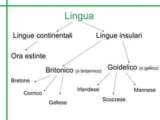 Lingua
Lingue continentali Lingue insulari
Ora estinte
Britonico (o britannico)
Goidelico (o gallico)
Bretone
Cornico
Gallese
Irlandese
Scozzese
Mannese
 
