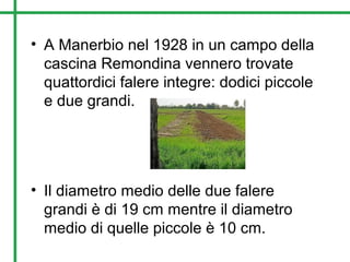 • A Manerbio nel 1928 in un campo della
cascina Remondina vennero trovate
quattordici falere integre: dodici piccole
e due grandi.
• Il diametro medio delle due falere
grandi è di 19 cm mentre il diametro
medio di quelle piccole è 10 cm.
 