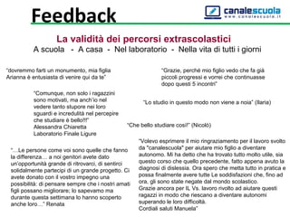 La validità dei percorsi extrascolastici
A scuola - A casa - Nel laboratorio - Nella vita di tutti i giorni
“dovremmo farti un monumento, mia figlia
Arianna è entusiasta di venire qui da te”
“Grazie, perché mio figlio vedo che fa già
piccoli progressi e vorrei che continuasse
dopo questi 5 incontri”
“Lo studio in questo modo non viene a noia” (Ilaria)
“Che bello studiare così!” (Nicolò)
“Comunque, non solo i ragazzini
sono motivati, ma anch’io nel
vedere tanto stupore nei loro
sguardi e incredulità nel percepire
che studiare è bello!!!”
Alessandra Chiaretta
Laboratorio Finale Ligure
“Volevo esprimere il mio ringraziamento per il lavoro svolto
da "canalescuola" per aiutare mio figlio a diventare
autonomo. Mi ha detto che ha trovato tutto molto utile, sia
questo corso che quello precedente, fatto appena avuto la
diagnosi di dislessia. Ora spero che metta tutto in pratica e
possa finalmente avere tutte Le soddisfazioni che, fino ad
ora, gli sono state negate dal mondo scolastico.
Grazie ancora per IL Vs. lavoro rivolto ad aiutare questi
ragazzi in modo che riescano a diventare autonomi
superando le loro difficoltà.
Cordiali saluti Manuela”
“…Le persone come voi sono quelle che fanno
la differenza… a noi genitori avete dato
un’opportunità grande di ritrovarci, di sentirci
solidalmente partecipi di un grande progetto. Ci
avete donato con il vostro impegno una
possibilità: di pensare sempre che i nostri amati
figli possano migliorare; lo sapevamo ma
durante questa settimana lo hanno scoperto
anche loro…” Renata
Feedback
 