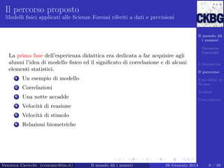 Il percorso proposto
Modelli ﬁsici applicati alle Scienze Forensi riferiti a dati e previsioni

Il mondo dà
i numeri

La prima fase dell’esperienza didattica era dedicata a far acquisire agli
alunni l’idea di modello ﬁsico ed il signiﬁcato di correlazione e di alcuni
elementi statistici.
1

Un esempio di modello

2

Correlazioni

3

Una notte accadde

4

Il percorso

Velocità di stimolo

6

L’iniziativa

Velocità di reazione

5

Veronica
Cavicchi

Relazioni biometriche

Una sﬁda al
Museo
Analisi

Veronica Cavicchi (cveronic@tin.it)

Conclusioni

Il mondo dà i numeri

29 Gennaio 2014

9 / 35

 
