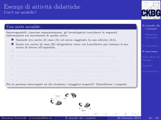 Esempi di attività didattiche
Cos’è un modello?

Il mondo dà
i numeri

Una notte accadde.
Interrogandoli, ciascuno separatamente, gli investigatori raccolsero le seguenti
informazioni sui movimenti di quella notte:
Samuele era uscito di casa (A) ed aveva raggiunto la sua edicola (AA).

Veronica
Cavicchi

Sonia era uscita di casa (B) dirigendosi verso via Lancillotto per iniziare il suo
turno di lavoro all’ospedale.

L’iniziativa

Vittorio era uscita di casa (C) per dirigersi verso via Martona.

Il percorso

Tommaso era uscito di casa (E) per recarsi alla torre campanaria (EE).

Una sﬁda al
Museo

La ﬁtta nebbia calata aveva fatto si che percorressero dei percorsi un po’ tortuosi e
non aveva permesso a ciascuno di loro di osservare alcunché di strano.
Nessuno nel suo tragitto si era imbattuto in altre impronte nella neve, quindi
nessuno dei percorsi (neanche quello lasciato dalla vittima) si intersecava.

Analisi
Conclusioni

Nessuno di loro aveva attraversato più di una volta la piazza.
La forma delle orme non mostrava che l’assassino fosse scappato di corsa.
Fra le persone interrogate su chi ricadono i maggiori sospetti? Giustiﬁcare i sospetti.

Veronica Cavicchi (cveronic@tin.it)

Il mondo dà i numeri

29 Gennaio 2014

16 / 35

 