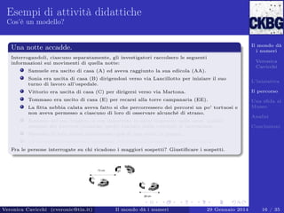 Esempi di attività didattiche
Cos’è un modello?

Il mondo dà
i numeri

Una notte accadde.
Interrogandoli, ciascuno separatamente, gli investigatori raccolsero le seguenti
informazioni sui movimenti di quella notte:
Samuele era uscito di casa (A) ed aveva raggiunto la sua edicola (AA).

Veronica
Cavicchi

Sonia era uscita di casa (B) dirigendosi verso via Lancillotto per iniziare il suo
turno di lavoro all’ospedale.

L’iniziativa

Vittorio era uscita di casa (C) per dirigersi verso via Martona.

Il percorso

Tommaso era uscito di casa (E) per recarsi alla torre campanaria (EE).

Una sﬁda al
Museo

La ﬁtta nebbia calata aveva fatto si che percorressero dei percorsi un po’ tortuosi e
non aveva permesso a ciascuno di loro di osservare alcunché di strano.
Nessuno nel suo tragitto si era imbattuto in altre impronte nella neve, quindi
nessuno dei percorsi (neanche quello lasciato dalla vittima) si intersecava.

Analisi
Conclusioni

Nessuno di loro aveva attraversato più di una volta la piazza.
La forma delle orme non mostrava che l’assassino fosse scappato di corsa.
Fra le persone interrogate su chi ricadono i maggiori sospetti? Giustiﬁcare i sospetti.

Veronica Cavicchi (cveronic@tin.it)

Il mondo dà i numeri

29 Gennaio 2014

16 / 35

 