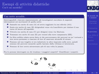 Esempi di attività didattiche
Cos’è un modello?

Il mondo dà
i numeri

Una notte accadde.
Interrogandoli, ciascuno separatamente, gli investigatori raccolsero le seguenti
informazioni sui movimenti di quella notte:
Samuele era uscito di casa (A) ed aveva raggiunto la sua edicola (AA).

Veronica
Cavicchi

Sonia era uscita di casa (B) dirigendosi verso via Lancillotto per iniziare il suo
turno di lavoro all’ospedale.

L’iniziativa

Vittorio era uscita di casa (C) per dirigersi verso via Martona.

Il percorso

Tommaso era uscito di casa (E) per recarsi alla torre campanaria (EE).

Una sﬁda al
Museo

La ﬁtta nebbia calata aveva fatto si che percorressero dei percorsi un po’ tortuosi e
non aveva permesso a ciascuno di loro di osservare alcunché di strano.
Nessuno nel suo tragitto si era imbattuto in altre impronte nella neve, quindi
nessuno dei percorsi (neanche quello lasciato dalla vittima) si intersecava.

Analisi
Conclusioni

Nessuno di loro aveva attraversato più di una volta la piazza.
La forma delle orme non mostrava che l’assassino fosse scappato di corsa.
Fra le persone interrogate su chi ricadono i maggiori sospetti? Giustiﬁcare i sospetti.

Veronica Cavicchi (cveronic@tin.it)

Il mondo dà i numeri

29 Gennaio 2014

16 / 35

 