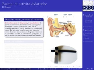Esempi di attività didattiche
Il Suono

Il mondo dà
i numeri

Orecchio medio, esterno ed interno

Veronica
Cavicchi

Si realizza con: 1 diapason, 1 martelletto Si
pone un diapason in vibrazione appoggiato
sulla testa di un compagno, che ha le
orecchie tappate, con il gambo, al centro del
capo. La persona con le orecchie tappate
sente il suono anche se non lo percepisce con
le orecchie, perché le vibrazioni giungono al
nervo acustico attraverso le ossa del cranio.

L’iniziativa
Il percorso
Una sﬁda al
Museo
Analisi

Limiti di udibilità

Conclusioni

Si realizza con: 1 lamina vibrante Si
appoggia la lamina vibrante su un tavolo e si
tiene ferma con la mano sinistra. Regolando
i volantini di ﬁssaggio in modo che la lamina
sporga 20 cm, si fa vibrare la lamina. Si
ripete lesperimento accorciando di 2 cm ogni
volta la lamina. Quando la parte sporgente è
meno di 10 cm, facendola vibrare ed
accorciandola si sente un suono sempre più
basso.

Veronica Cavicchi (cveronic@tin.it)

Il mondo dà i numeri

29 Gennaio 2014

20 / 35

 