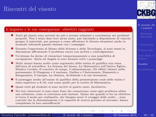 Riscontri del vissuto
Il mondo dà
i numeri

L’impatto e le sue conseguenze: obiettivi raggiunti
Tutti gli alunni sono arrivati da soli a trovare soluzioni e correlazioni nei problemi
proposti. Non è stato dato loro alcun aiuto, pur lasciando a disposizione di ciascun
gruppo il materiale, per pensare a come aﬀrontare le diverse situazioni anche in
momenti informali passati insieme con i compagni.

Veronica
Cavicchi
L’iniziativa

Durante l’esperienza al Museo della Scienza e della Tecnologia, si sono messi in
discussione aﬀrontando il problema nuovo con serietà e coinvolgimento.

Il percorso

Un’alunna ha deciso di rinunciare temporaneamente a una possibilità di
occupazione. Ilaria ed Angela si sono fermate tutti i pomeriggi.

Una sﬁda al
Museo

Molti alunni hanno scelto come argomento della tesina di qualiﬁca una tema
dell’area di scientiﬁca: La Scienza del Suono, La Matematica nell’Antico Egitto,
Illudere l’occhio, Il concetto di tempo, L’alimentazione, Gli eﬀetti chimici nella
permanente, Il Giappone e il nucleare, Galileo e l’Astronomia, Simmetrie e
ﬁsiognomica, L’energia, La chimica, Archimede e le sue invenzioni.

Analisi
Conclusioni

Il punteggio medio all’esame di qualiﬁca della presentazione orale delle tesine è
stato superiore a 8/10, così come quello per lo scritto di Matematica.
Quasi tutti gli studenti si sono iscritti al quarto anno, facoltativo.
Nei loro interventi ci sono state frasi che comunicano come ogni problema abbia
una soluzione, come si costruisca solo insieme. Sanno che quando si ha un obiettivo
si trova il modo per realizzarlo, che bisogna avere il coraggio delle scelte. . . sono
convinti che la determinazione e la capacità di ricerca portano al successo: hanno
conquistato la loro autoeﬃcacia!

Veronica Cavicchi (cveronic@tin.it)

Il mondo dà i numeri

29 Gennaio 2014

29 / 35

 