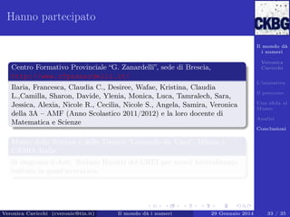 Hanno partecipato
Il mondo dà
i numeri

Centro Formativo Provinciale “G. Zanardelli”, sede di Brescia,
http://www.cfpzanardelli.it/
Ilaria, Francesca, Claudia C., Desiree, Wafae, Kristina, Claudia
L.,Camilla, Sharon, Davide, Ylenia, Monica, Luca, Tamralech, Sara,
Jessica, Alexia, Nicole R., Cecilia, Nicole S., Angela, Samira, Veronica
della 3A – AMF (Anno Scolastico 2011/2012) e la loro docente di
Matematica e Scienze

Veronica
Cavicchi
L’iniziativa
Il percorso
Una sﬁda al
Museo
Analisi
Conclusioni

Museo della Scienza e della Tecnica “Leonardo da Vinci”, Milano e
CASIO, Italia
Si ringrazia il dott. Stefano Buratti del CREI per averci letteralmente
buttato in quest’avventura.

Veronica Cavicchi (cveronic@tin.it)

Il mondo dà i numeri

29 Gennaio 2014

33 / 35

 