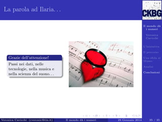 La parola ad Ilaria. . .
Il mondo dà
i numeri
Veronica
Cavicchi
L’iniziativa
Il percorso

Grazie dell’attenzione!

Una sﬁda al
Museo

Passi nei dati, nelle
tecnologie, nella musica e
nella scienza del suono. . .

Veronica Cavicchi (cveronic@tin.it)

Analisi
Conclusioni

Il mondo dà i numeri

29 Gennaio 2014

35 / 35

 