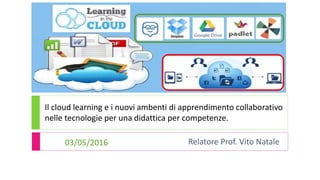 03/05/2016 Relatore Prof. Vito Natale
Il cloud learning e i nuovi ambenti di apprendimento collaborativo
nelle tecnologie per una didattica per competenze.
 
