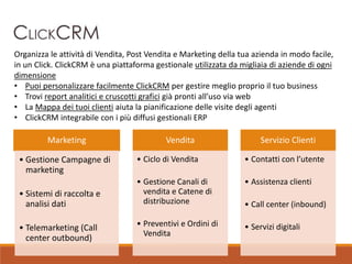 Marketing
• Gestione Campagne di
marketing
• Sistemi di raccolta e
analisi dati
• Telemarketing (Call
center outbound)
Vendita
• Ciclo di Vendita
• Gestione Canali di
vendita e Catene di
distribuzione
• Preventivi e Ordini di
Vendita
Servizio Clienti
• Contatti con l’utente
• Assistenza clienti
• Call center (inbound)
• Servizi digitali
Organizza le attività di Vendita, Post Vendita e Marketing della tua azienda in modo facile,
in un Click. ClickCRM è una piattaforma gestionale utilizzata da migliaia di aziende di ogni
dimensione
• Puoi personalizzare facilmente ClickCRM per gestire meglio proprio il tuo business
• Trovi report analitici e cruscotti grafici già pronti all’uso via web
• La Mappa dei tuoi clienti aiuta la pianificazione delle visite degli agenti
• ClickCRM integrabile con i più diffusi gestionali ERP
 
